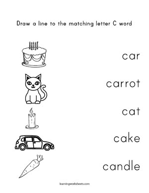 Draw a line to the matching letter C word - learning worksheets Letters