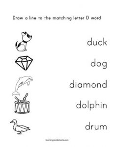 Draw a line to the matching letter D word - learning worksheets Letters