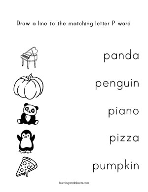 Draw a line to the matching letter P word - learning worksheets Letters