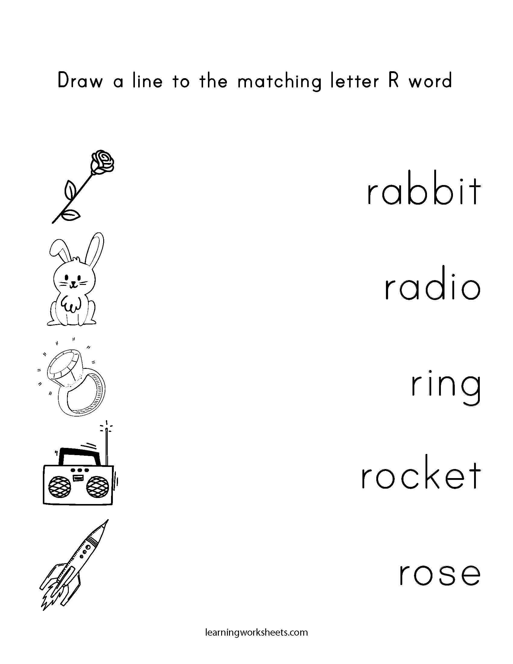 Draw a line to the matching letter R word - learning worksheets