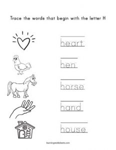 trace words that begin with the letter h learning worksheets