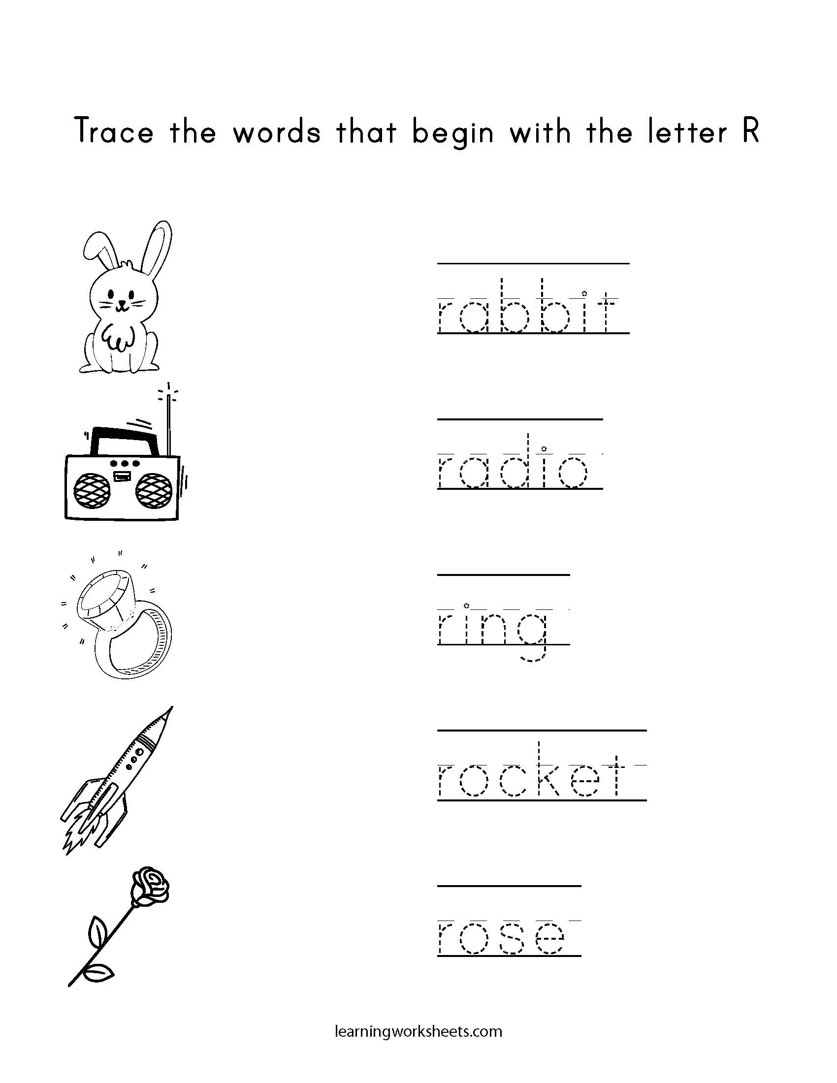 trace words that begin with the letter r learning worksheets