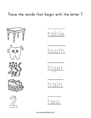 trace words that begin with the letter t learning worksheets letters