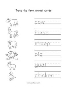 Trace the farm animal words - learning worksheets Farm Animals