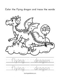 Color the baby dragon and trace the words - learning worksheets Dragon