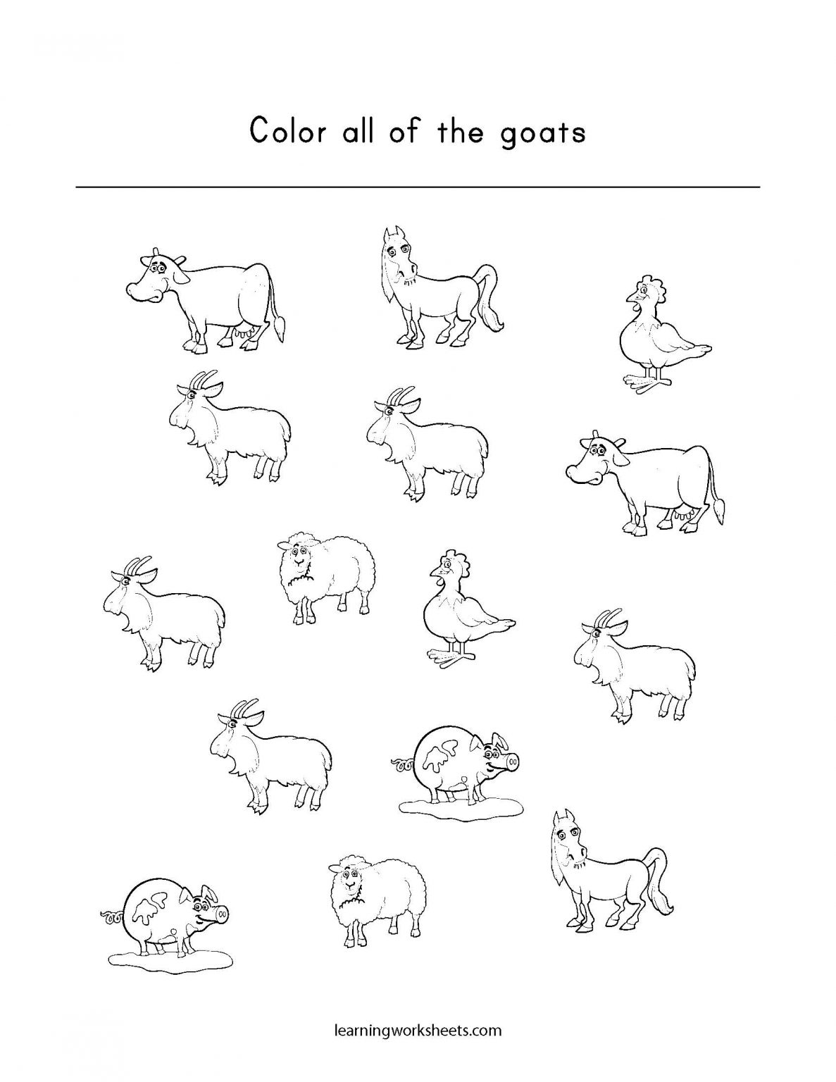 Color all of the goats - learning worksheets Farm Animals