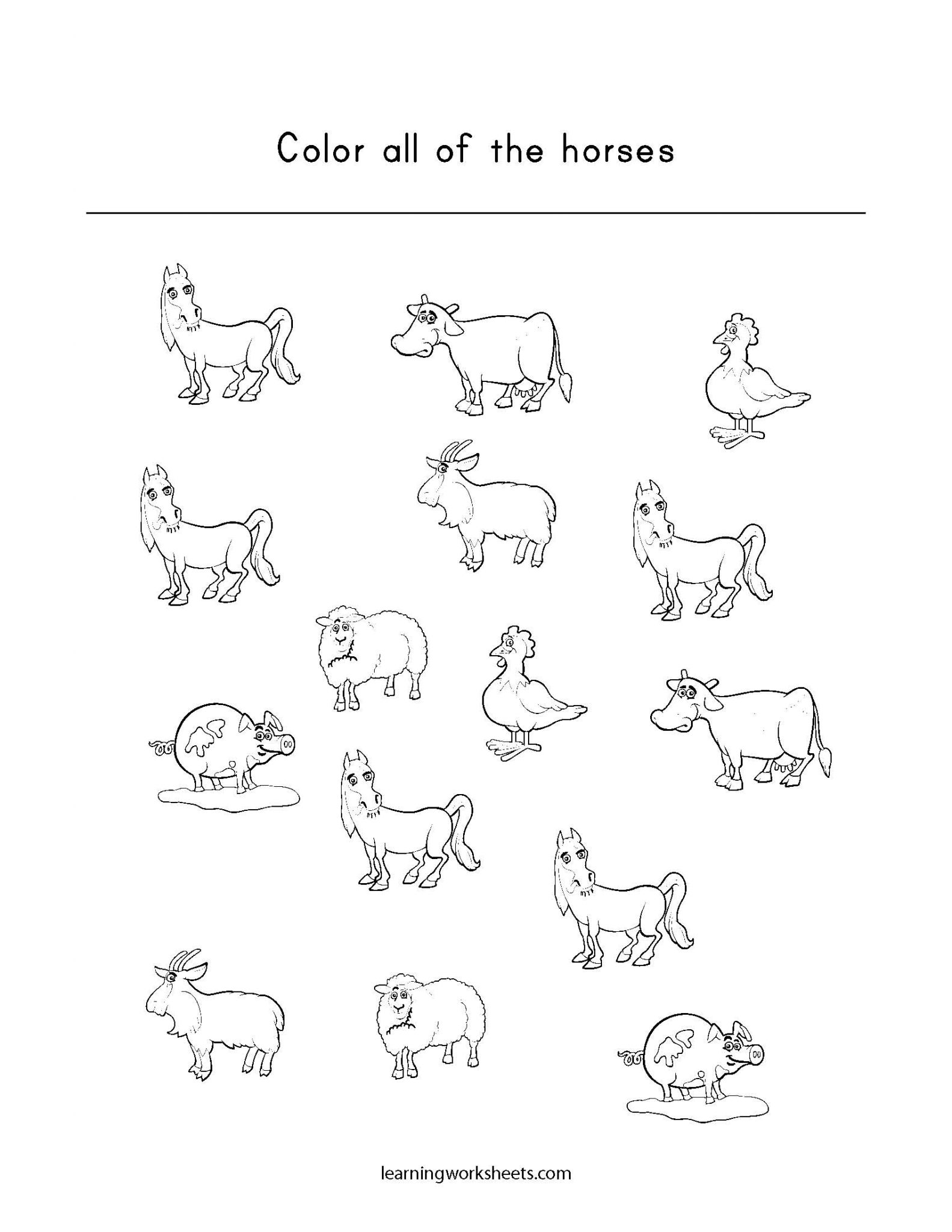 color all of the horses learning worksheets farm animals