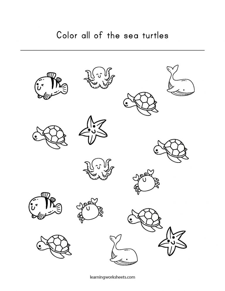Color all of the sea turtles - learning worksheets Sea Animals
