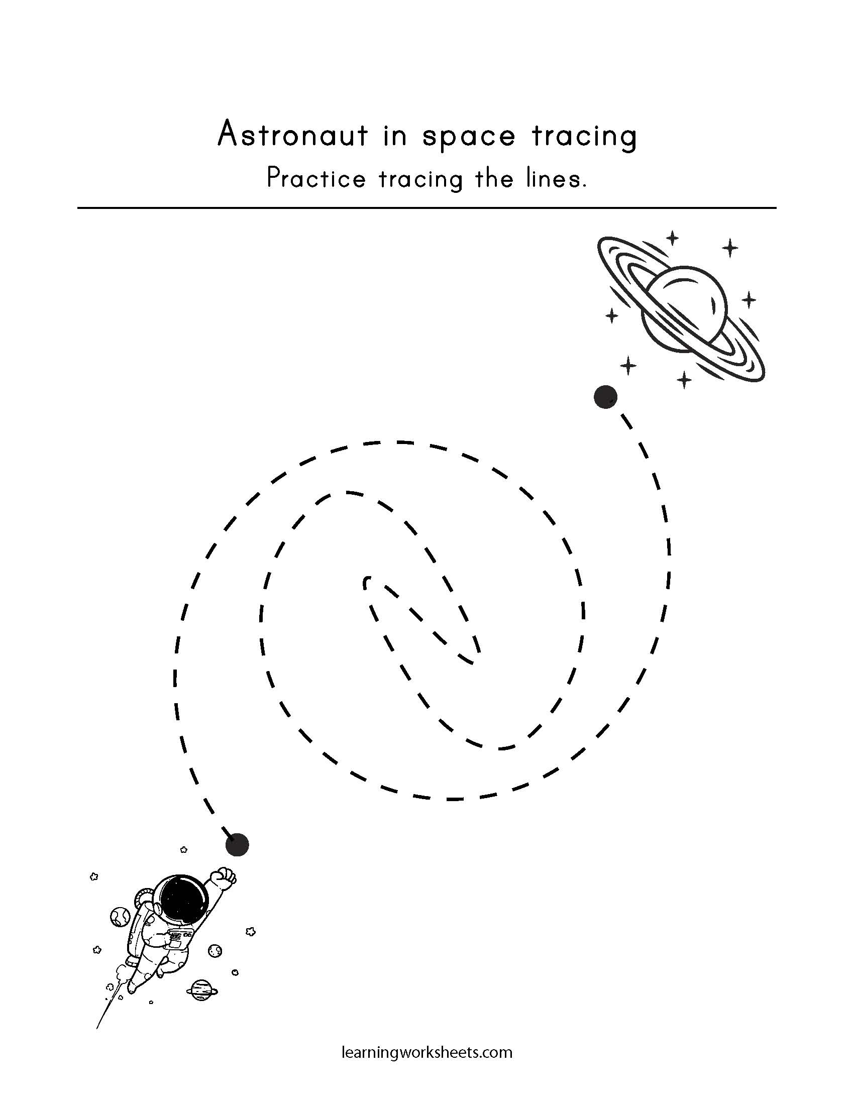 Astronaut in space tracing - learning worksheets Tracing Practice