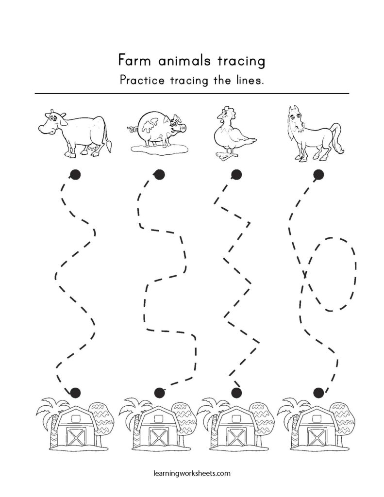 Farm animals tracing - learning worksheets Tracing Practice