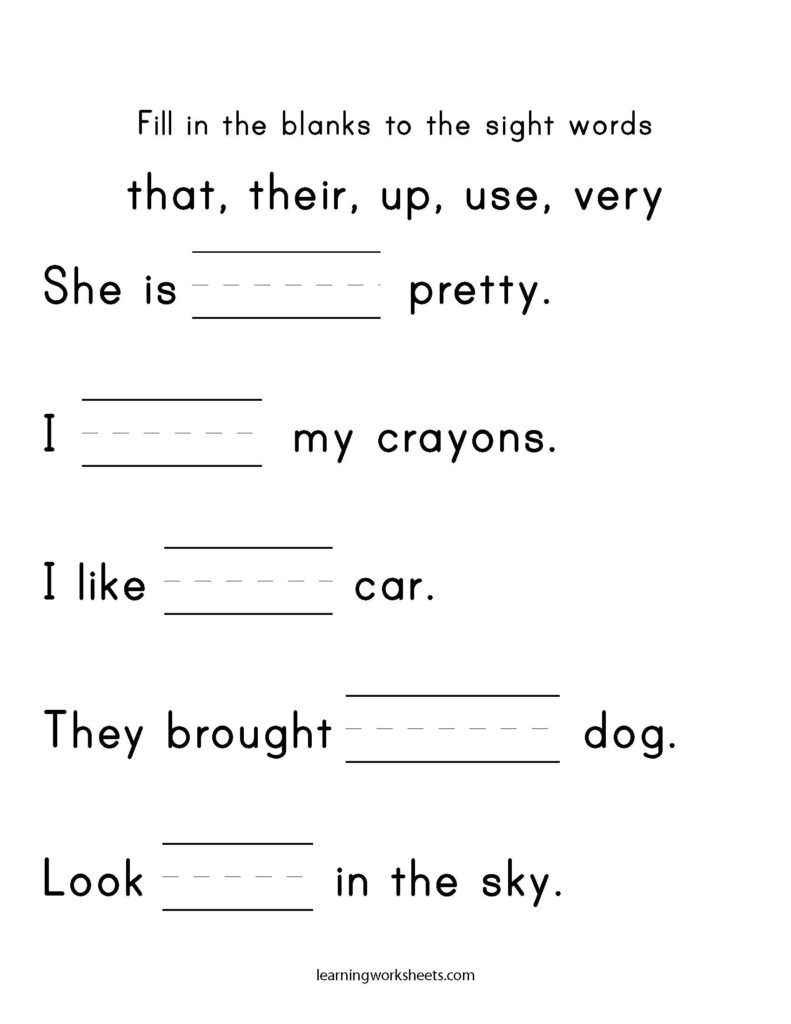 Sight Word Fill In The Blank Worksheets