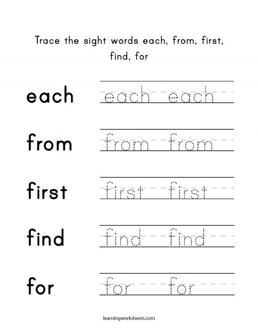 Trace the sight words each from first find for