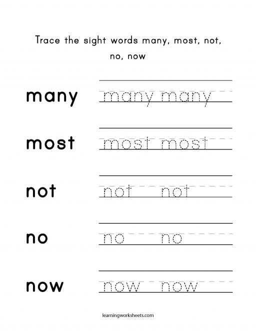 Trace the sight words many most not no now