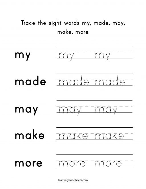 Trace the sight words my made may make more