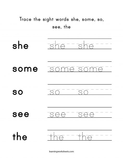 Trace the sight words she some so see the