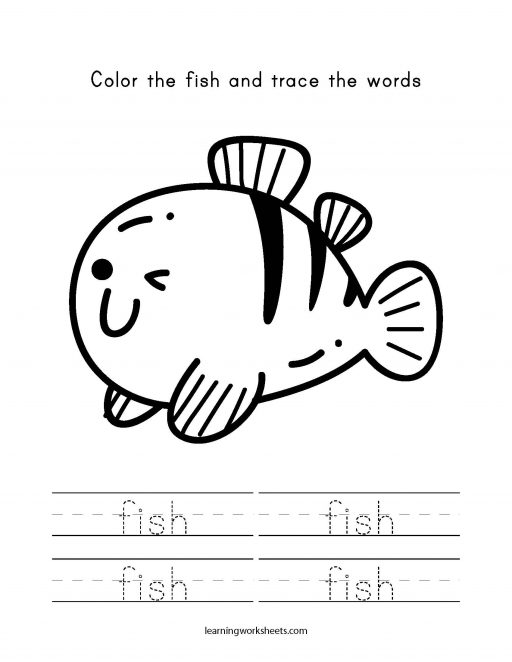 Color the fish and trace the words - learning worksheets Sea Animals