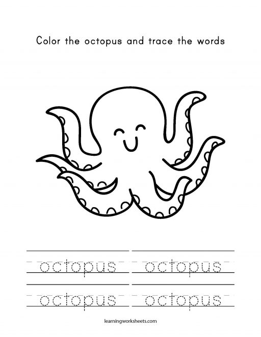 color the octopus and trace the words learning worksheets sea animals
