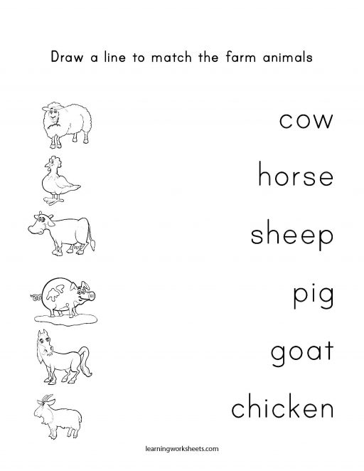 Draw a line to match the farm animals - learning worksheets Farm Animals