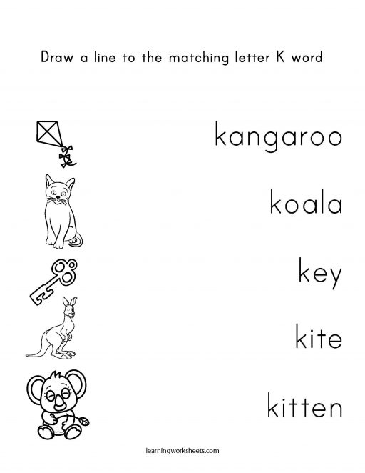 draw a line to the matching letter k word learning worksheets letters