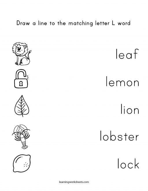 Draw a line to the matching letter L word - learning worksheets Letters