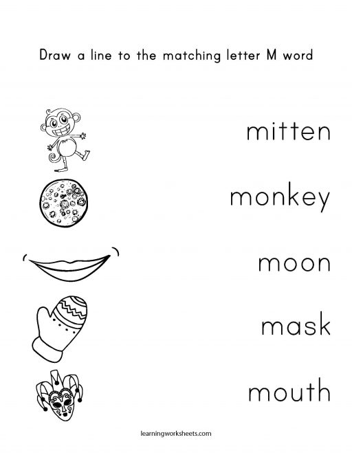 Draw a line to the matching letter M word - learning worksheets Letters