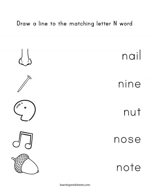 Draw a line to the matching letter N word - learning worksheets Letters