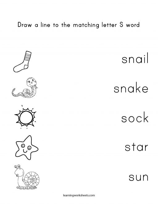 Draw a line to the matching letter S word learning worksheets Letters