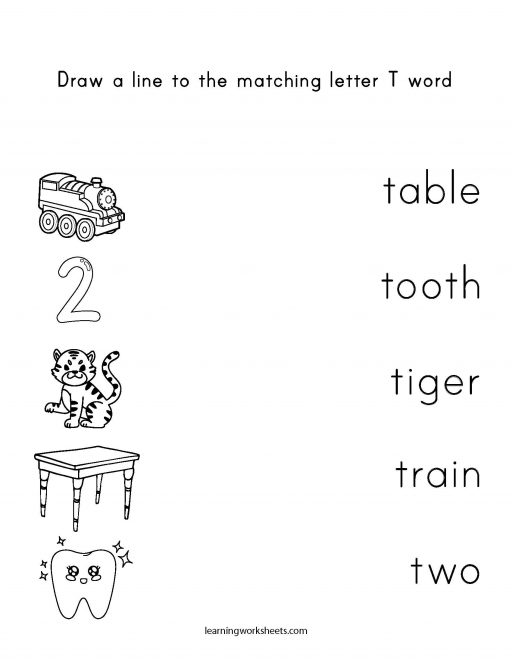 Draw a line to the matching letter T word - learning worksheets Letters