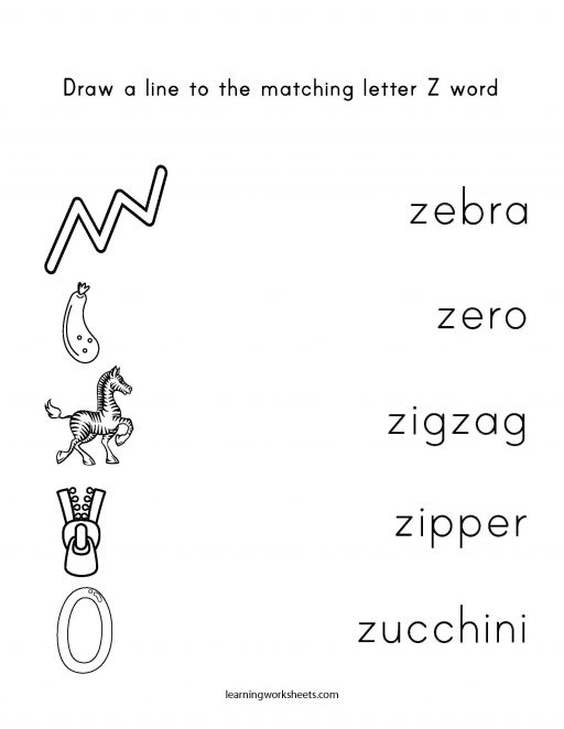 draw a line to the matching letter z word learning worksheets letters