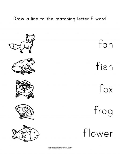 Draw a line to the matching letter F word - learning worksheets Letters