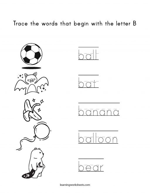 Trace Words That Begin With The Letter B - learning worksheets