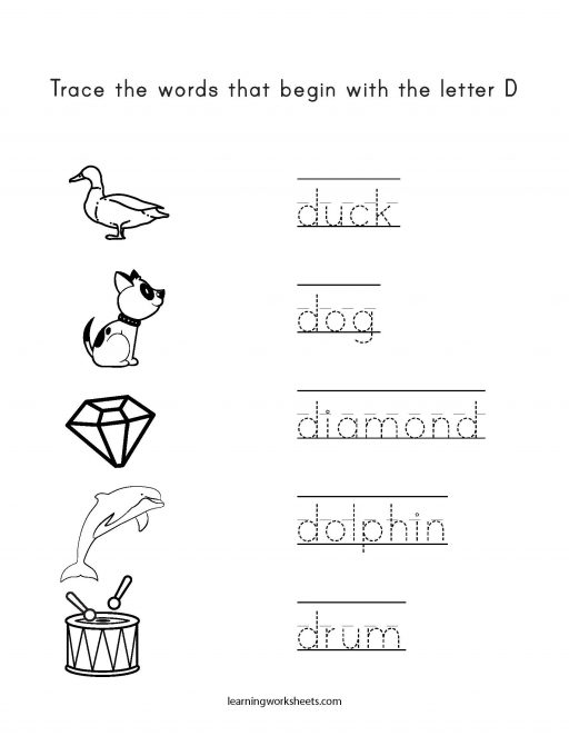 trace words that begin with the letter d learning worksheets