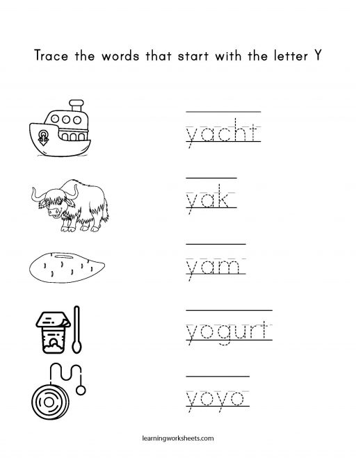 Trace Words That Begin With The Letter Y - learning worksheets Letters