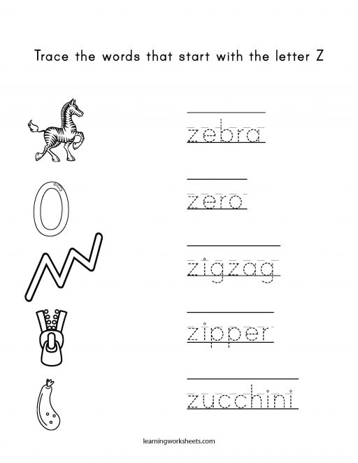 trace words that begin with the letter z learning worksheets letters